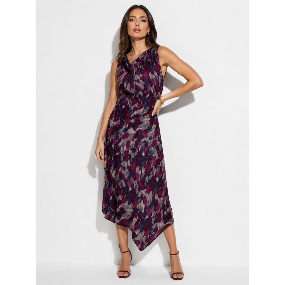 Nine‎ Britton Plum Abstract Brushstroke Cowl Neck Asymmetrical Midi Dress LP